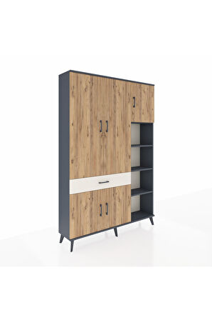 Arges Dolap 10 Raflı Tek Çekmeceli 5 Kapaklı 132x30x195 Antrasit-Çam/Aytaşı