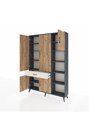 Arges Dolap 10 Raflı Tek Çekmeceli 5 Kapaklı 132x30x195 Antrasit-Çam/Aytaşı