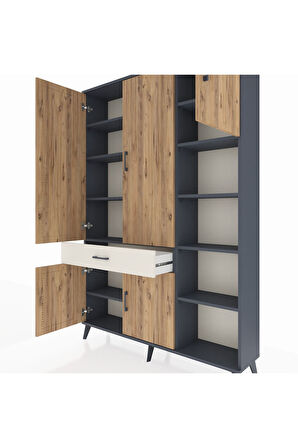 Arges Dolap 10 Raflı Tek Çekmeceli 5 Kapaklı 132x30x195 Antrasit-Çam/Aytaşı