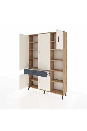 Arges Dolap 10 Raflı Tek Çekmeceli 5 Kapaklı 132x30x195 Çam-Aytaşı/Antrasit