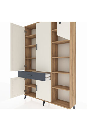 Arges Dolap 10 Raflı Tek Çekmeceli 5 Kapaklı 132x30x195 Çam-Aytaşı/Antrasit