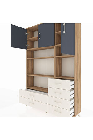 Arges Dolap 9 Raflı 6 Çekmeceli 3 Kapaklı 132x30x195 Çam-Antrasit/Aytaşı