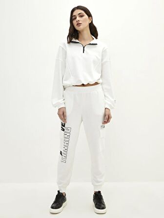 Dik Yaka Yazı Baskılı Uzun Kollu Kadın Sweatshirt