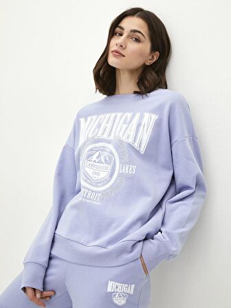 Bisiklet Yaka Baskılı Uzun Kollu Kadın Sweatshirt