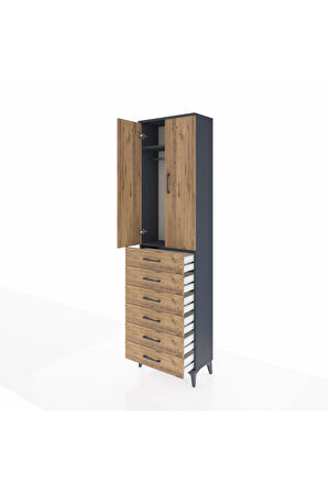 Arges Dolap 2 Raflı 6 Çekmeceli Tek Askılı 60x30x221 Antrasit-Çam