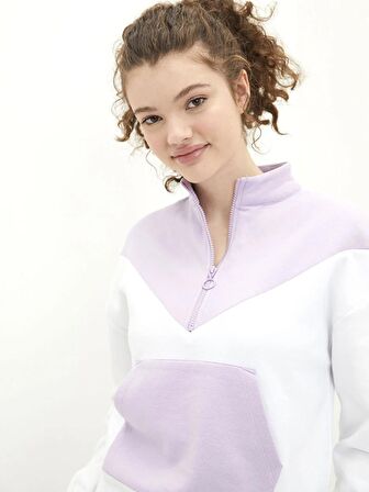 Dik Yaka Renk Bloklu Uzun Kollu Kadın Sweatshirt