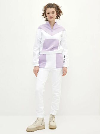 Dik Yaka Renk Bloklu Uzun Kollu Kadın Sweatshirt