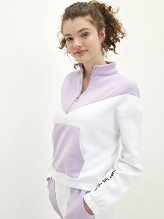 Dik Yaka Renk Bloklu Uzun Kollu Kadın Sweatshirt