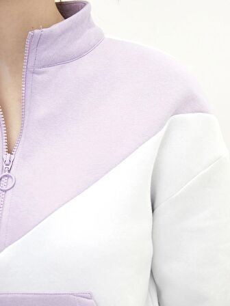 Dik Yaka Renk Bloklu Uzun Kollu Kadın Sweatshirt