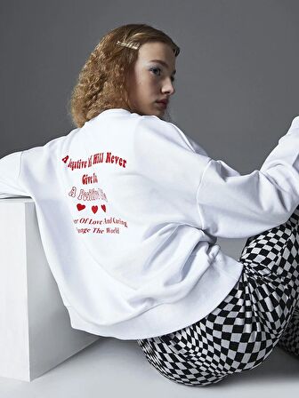 Bisiklet Yaka Baskılı Uzun Kollu Oversize Kadın Sweatshirt