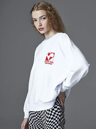 Bisiklet Yaka Baskılı Uzun Kollu Oversize Kadın Sweatshirt