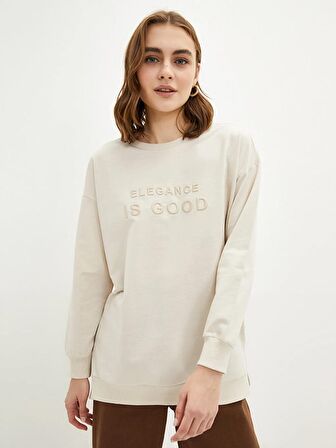 Bisiklet Yaka Nakışlı Uzun Kollu Oversize Kadın Sweatshirt Tunik