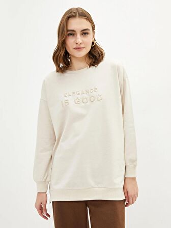 Bisiklet Yaka Nakışlı Uzun Kollu Oversize Kadın Sweatshirt Tunik