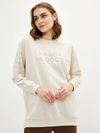 Bisiklet Yaka Nakışlı Uzun Kollu Oversize Kadın Sweatshirt Tunik