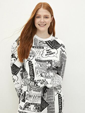 Bisiklet Yaka Baskılı Uzun Kollu Kadın Sweatshirt