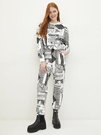 Bisiklet Yaka Baskılı Uzun Kollu Kadın Sweatshirt
