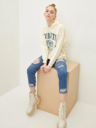 Baskılı Uzun Kollu Kadın Hoodie
