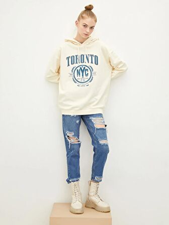 Baskılı Uzun Kollu Kadın Hoodie