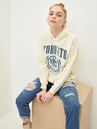 Baskılı Uzun Kollu Kadın Hoodie