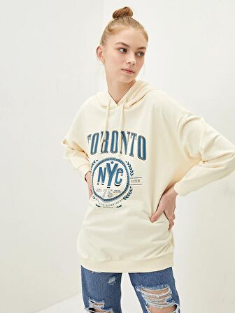 Baskılı Uzun Kollu Kadın Hoodie
