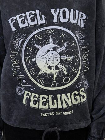 Bisiklet Yaka Baskılı Uzun Kollu Kadın Sweatshirt