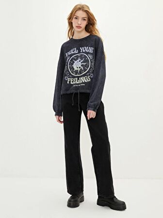 Bisiklet Yaka Baskılı Uzun Kollu Kadın Sweatshirt