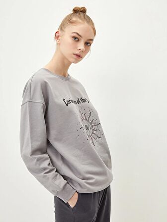 Bisiklet Yaka Baskılı Uzun Kollu Kadın Sweatshirt