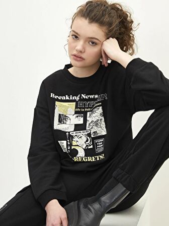 Bisiklet Yaka Baskılı Uzun Kollu Kadın Sweatshirt