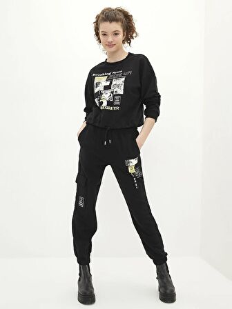 Bisiklet Yaka Baskılı Uzun Kollu Kadın Sweatshirt
