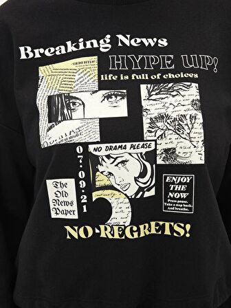 Bisiklet Yaka Baskılı Uzun Kollu Kadın Sweatshirt