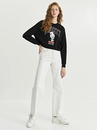 Bisiklet Yaka Tweety Baskılı Uzun Kollu Kadın Sweatshirt