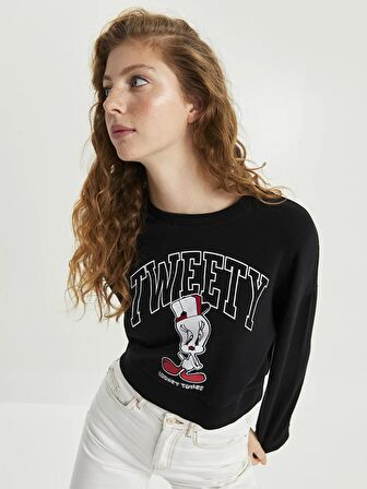 Bisiklet Yaka Tweety Baskılı Uzun Kollu Kadın Sweatshirt