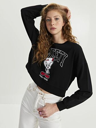 Bisiklet Yaka Tweety Baskılı Uzun Kollu Kadın Sweatshirt
