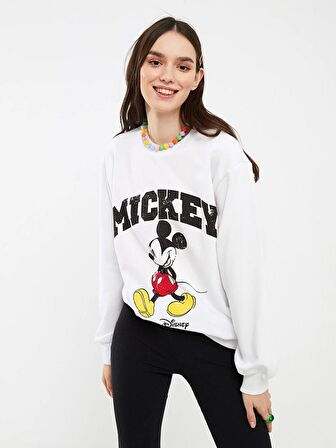 Bisiklet Yaka Mickey Mouse Baskılı Uzun Kollu Kadın Sweatshirt