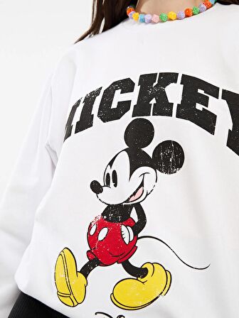 Bisiklet Yaka Mickey Mouse Baskılı Uzun Kollu Kadın Sweatshirt