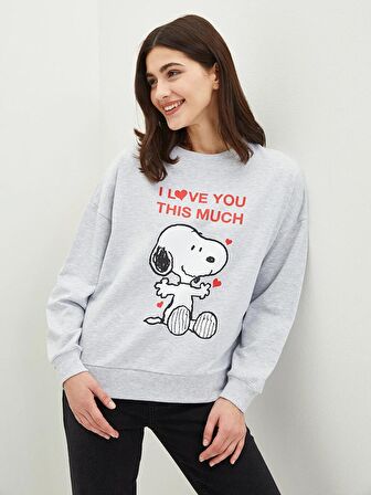 Bisiklet Yaka Snoopy Baskılı Uzun Kollu Oversize Kadın Sweatshirt