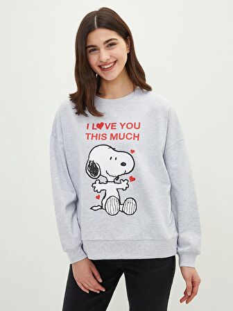 Bisiklet Yaka Snoopy Baskılı Uzun Kollu Oversize Kadın Sweatshirt