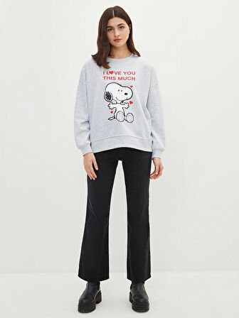 Bisiklet Yaka Snoopy Baskılı Uzun Kollu Oversize Kadın Sweatshirt