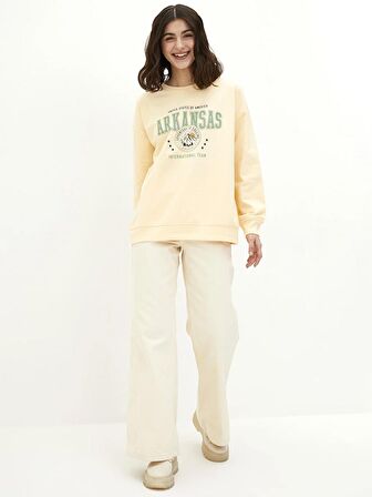 Bisiklet Yaka Baskılı Uzun Kollu Kadın Sweatshirt