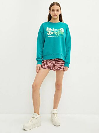 Bisiklet Yaka Baskılı Uzun Kollu Kadın Sweatshirt