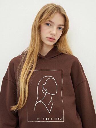 Baskılı Uzun Kollu Kadın Hoodie