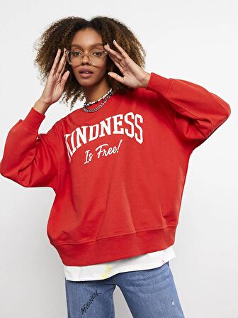 Bisiklet Yaka Yazı Baskılı Uzun Kollu Kadın Sweatshirt