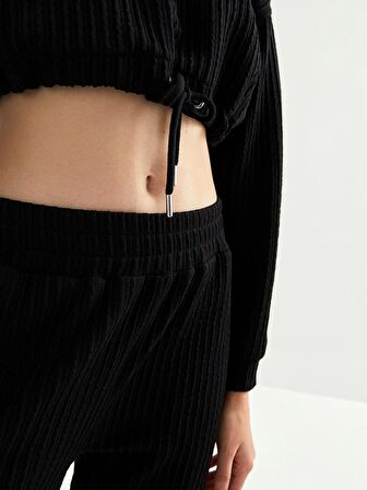 Bisiklet Yaka Kendinden Desenli Uzun Kollu Kadın Sweatshirt