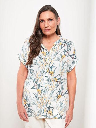 Kaçık Yaka Çiçekli Kısa Kollu Kadın Gömlek