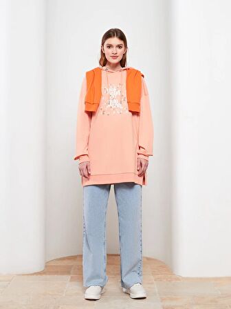 Kapüşonlu Baskılı Uzun Kollu Kadın Sweatshirt Tunik