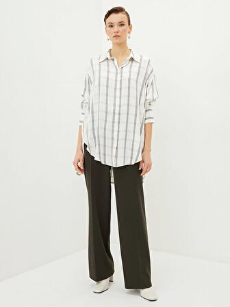 Önden Düğme Kapamalı Ekose Uzun Kollu Oversize Gabardin Kumaş Kadın Gömlek