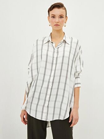 Önden Düğme Kapamalı Ekose Uzun Kollu Oversize Gabardin Kumaş Kadın Gömlek