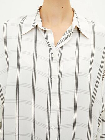 Önden Düğme Kapamalı Ekose Uzun Kollu Oversize Gabardin Kumaş Kadın Gömlek