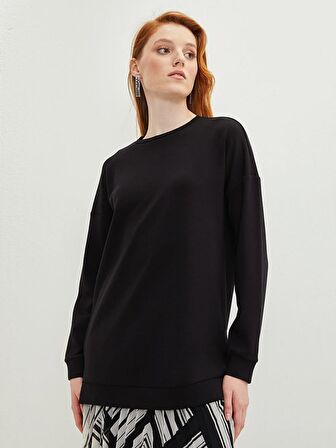 Bisiklet Yaka Düz Uzun Kollu Kadın Sweatshirt
