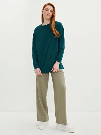 Bisiklet Yaka Düz Uzun Kollu Kadın Sweatshirt